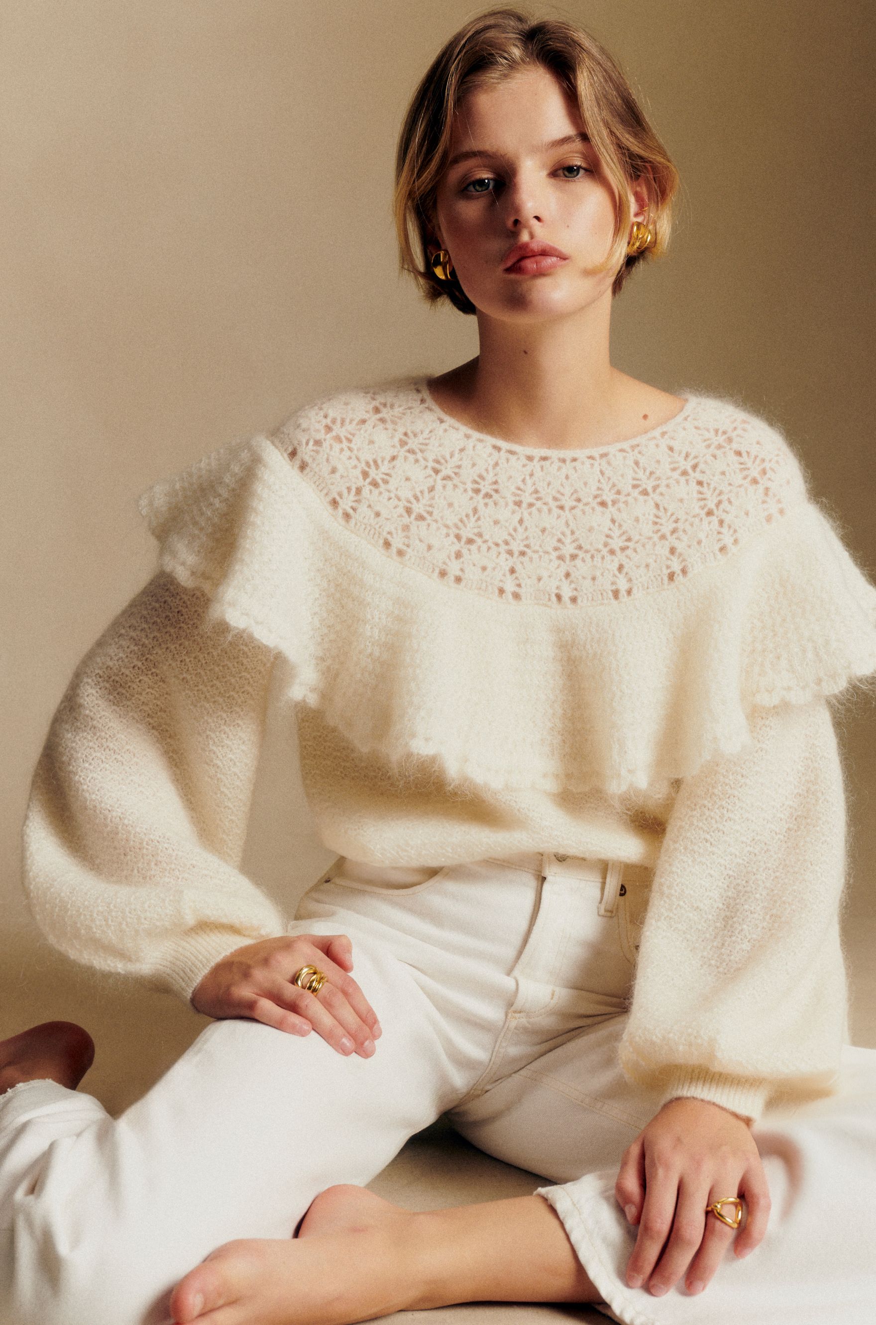 SEZANE Parisレース編みオフショルダー長袖カーディガンS 青 sophia-jumper-sezane-paris-blue-sweater-button-up