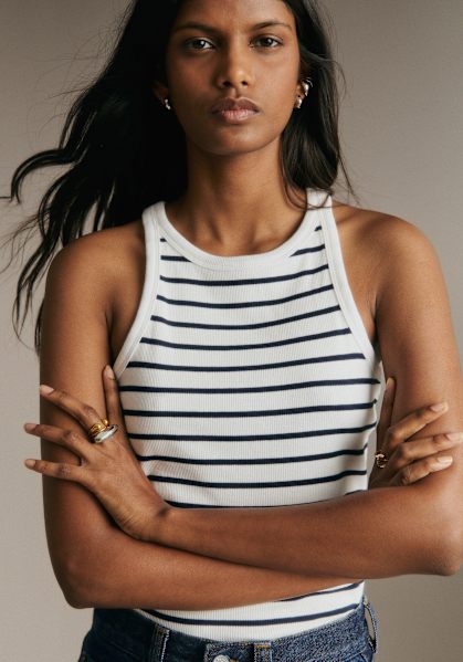 Ron Top - Navy Blue and Ecru Stripes - Organic Cotton - Sézane