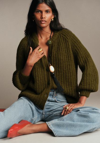 Basile Cardigan - Olive Green - Alpaca - Sézane