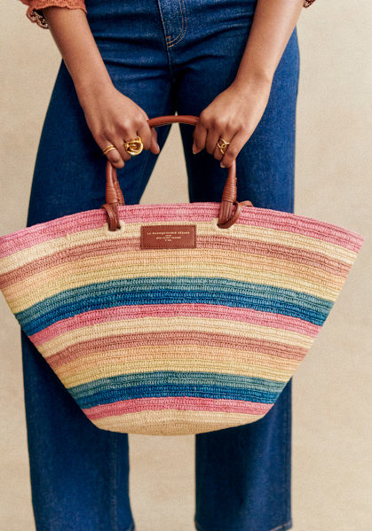 Justine Maxi Basket Bag - Raffia Green Stripes - Raffia - Sézane