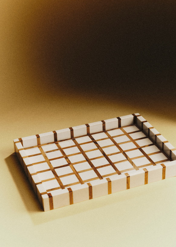 Rectangular tray - Ecru and Acacia Grid Pattern - Wood - Sézane