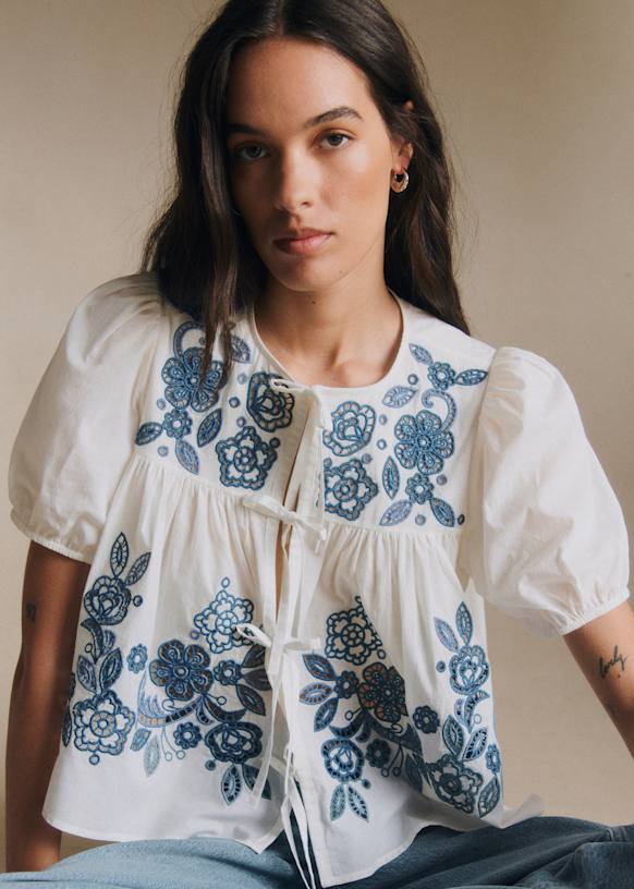 Alixia Shirt - Ecru with Blue Ochre Placed Embroidery - Organic