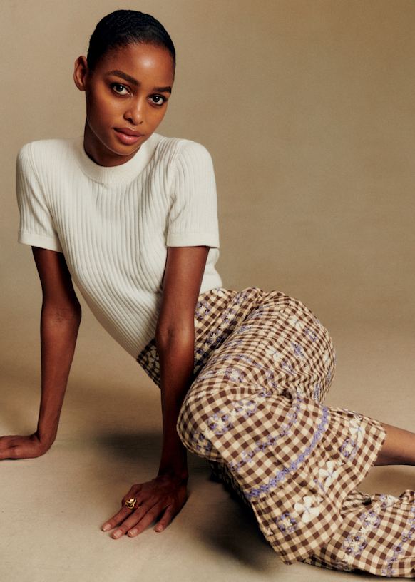 Alexio Trousers - Lila Brown Gingham Embroidery - Organic Cotton