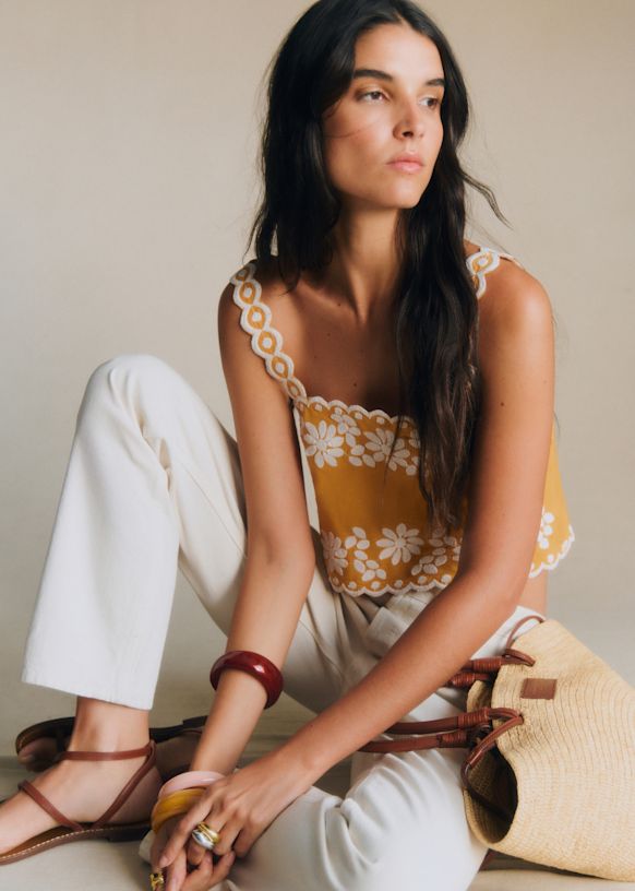 Marga Blouse - Bouquet Contrast Embroidery Ecru Ocher Background