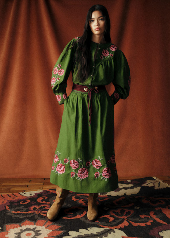 Siloe Skirt - Sézane x Baziszt - Bamboo Green with Floral