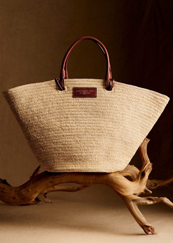 Justine Maxi Basket Bag - Raffia with Coral Stripes - Raffia