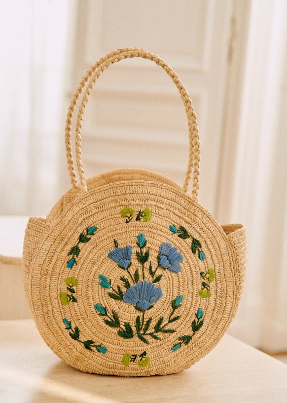 June Basket - Multicoloured and mauve floral embroidery raffia - Raffia ...