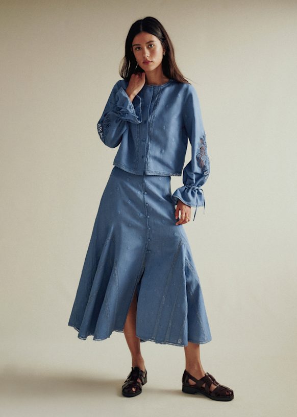 Jolane Skirt - Blue Carnation Solid Embroidery - Linen - Sézane
