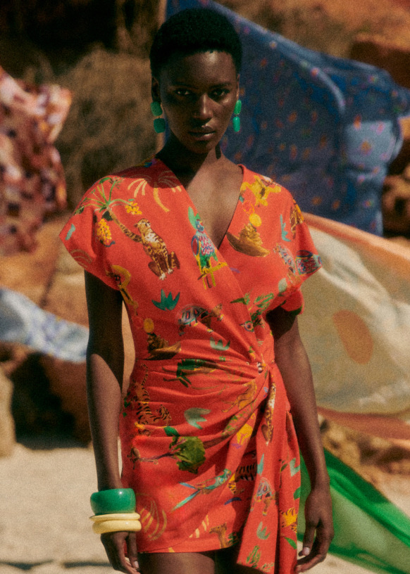 Robe Samantha Sezane x G.Kero Animals Corail Coton biologique textile a base de fibres biologiques Sezane