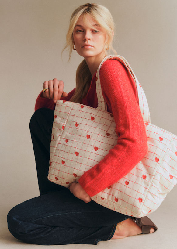 Tote bag - Embroidered Red Hearts - Organic Cotton - Sézane