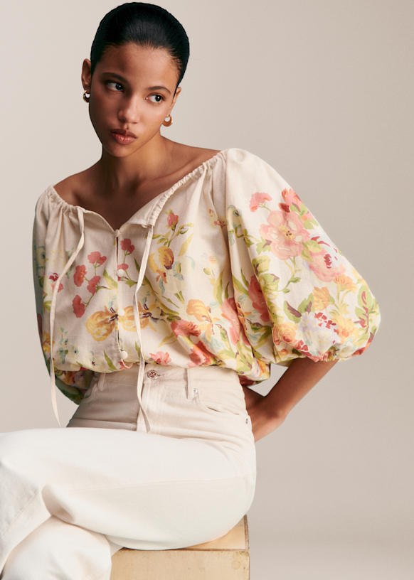 Camelia Shirt - Ecru Red Background - Organic Cotton - Sézane