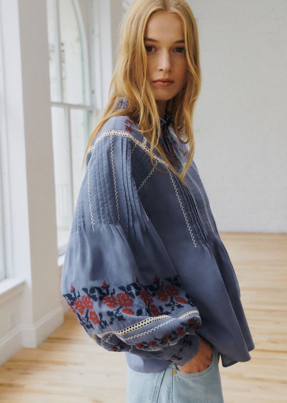 Eugenia ブラウス - Sézane x SEA NY - ネイビー地にレンガ色の