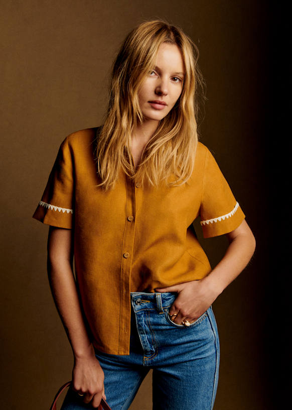 Livia Shirt - Black with Ecru Trimming - Linen - Sézane