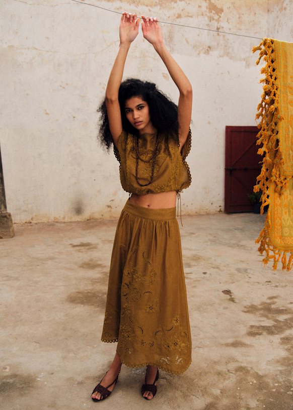 Noa Skirt - Embroidered Bronze - Viscose - Sézane