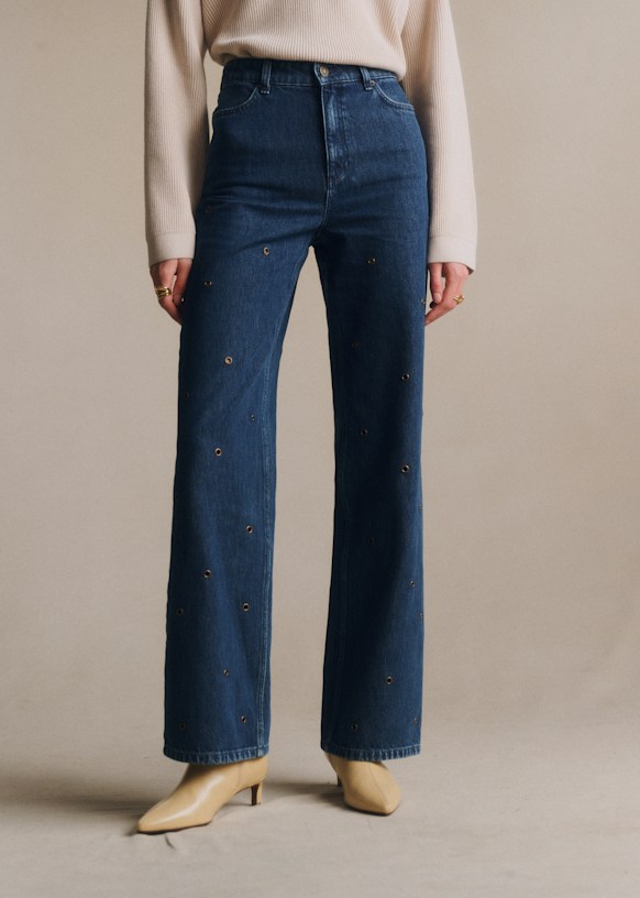 The Wide Leg Trousers - Dark Navy with Eyelet Embroidery - Organic