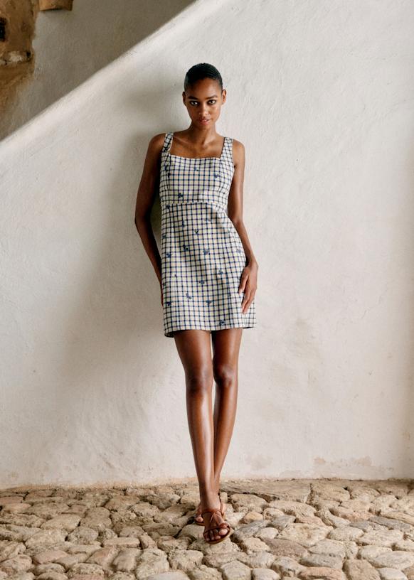 Dorothe Dress - Blue Floral Embroidery on Vichy Fabric - Organic