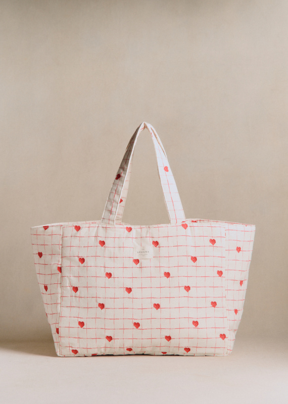 バッグ Sezane The Toto Tote bag - Embroidered Red Hearts - Organic Cotton - Sézane