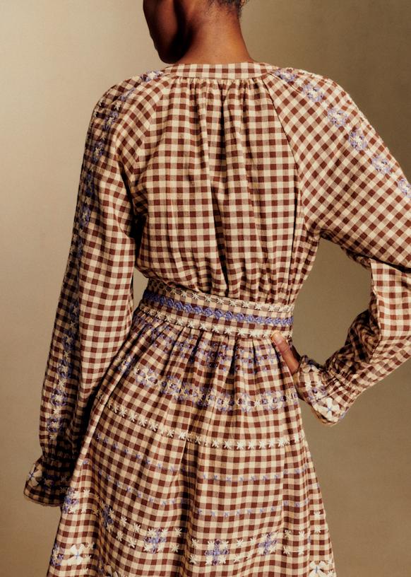 Véronique Dress - Lila Brown Gingham Embroidery - Organic Cotton