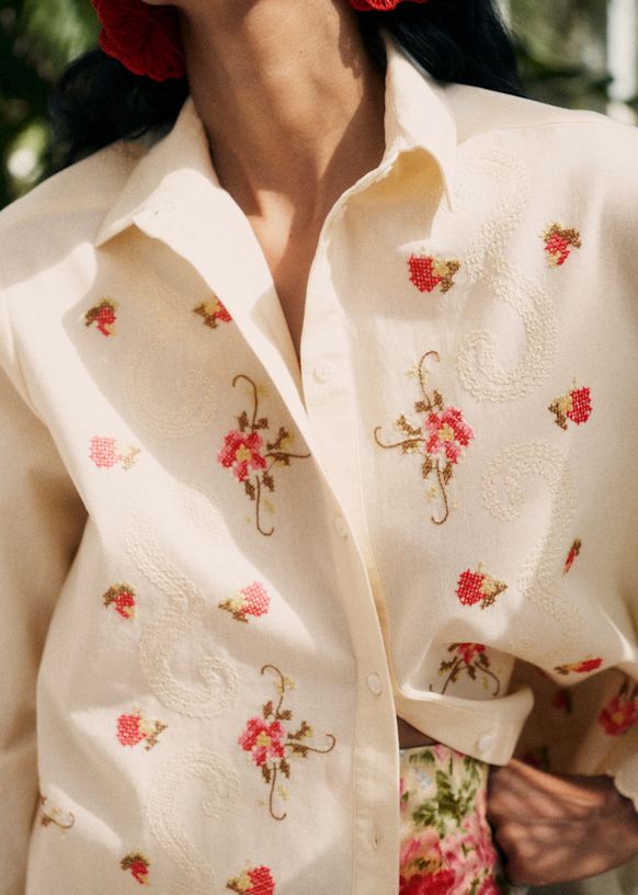 Maxy Shirt - Sézane x Andion - Cream with Pink Floral Embroidery