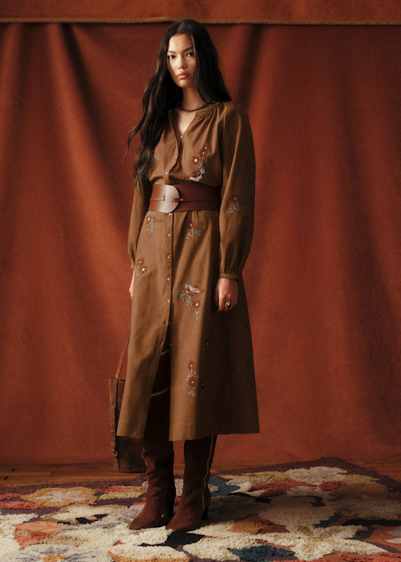 Anyna Dress - Sézane x Baziszt - Coffee with Floral Embroidery - Organic Cotton - Sézane