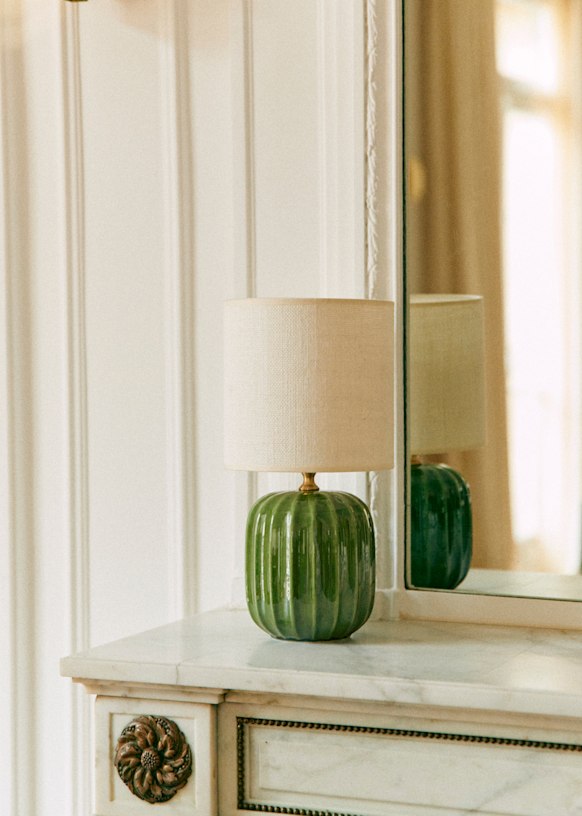 Small Traviata Table Lamp - Green - Dolce Lamp Shade - Ecru Burlap