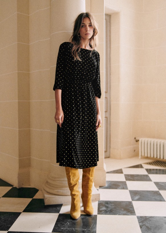 Adelma Dress - Black velvet with glitter polka dots - Polyester - Sézane