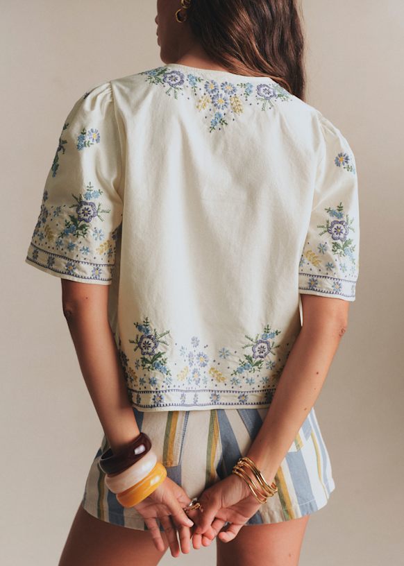 Thays Shirt - Ecru with Blue Morning Dew Embroidery - Organic