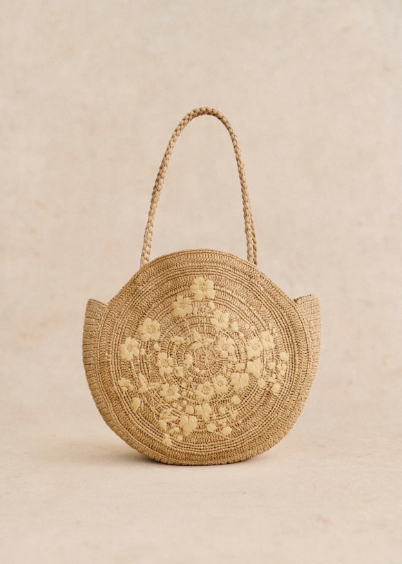June Basket Natural Embroidered Flowers Raffia S zane