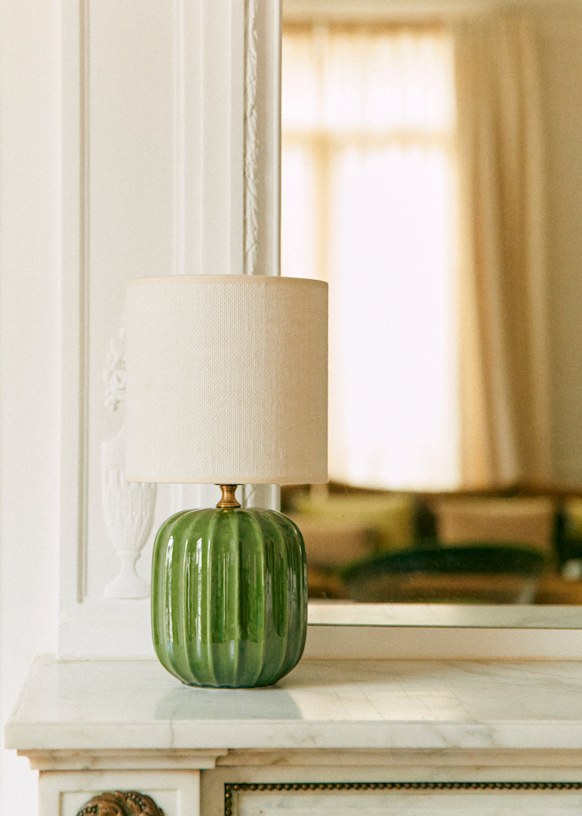 Small Traviata Table Lamp - Green - Dolce Lamp Shade - Ecru Burlap