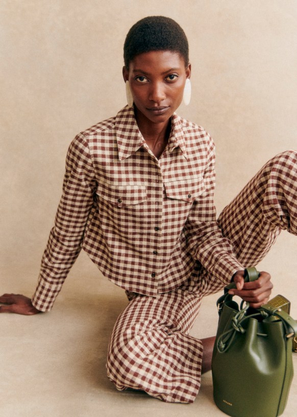 Maelle Shirt Brown Gingham Ecru Organic Cotton Sezane