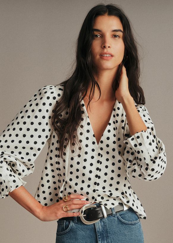Judy Shirt - Black Polka Dot Jacquard Ecru Background - Organic