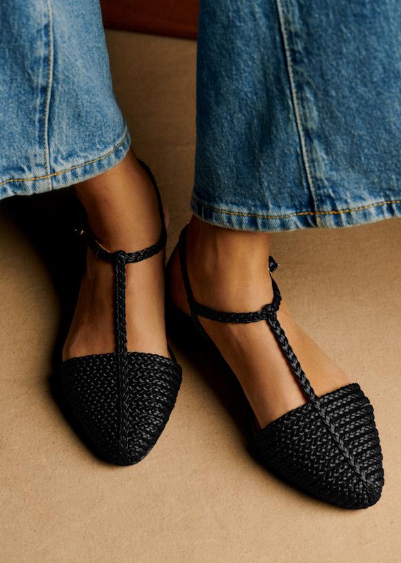 Aurore Low Sandals - Black woven - Sheep leather - Sézane