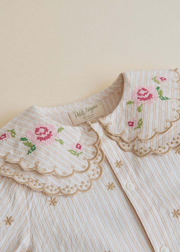 Gloria Shirt - Ecru with Blue Jasmine Embroidery - Organic cotton