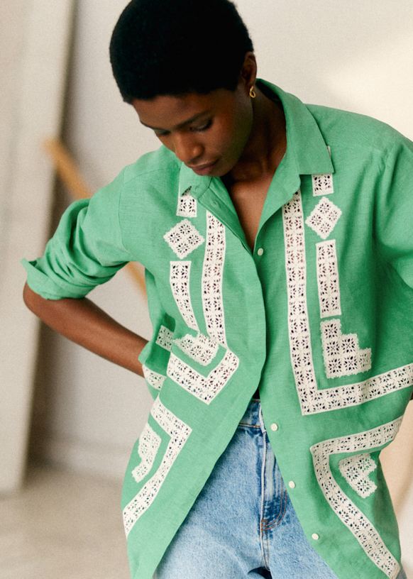 Marzia Shirt - Sézane x Lucia Vergara - Green with Lirio Ecru