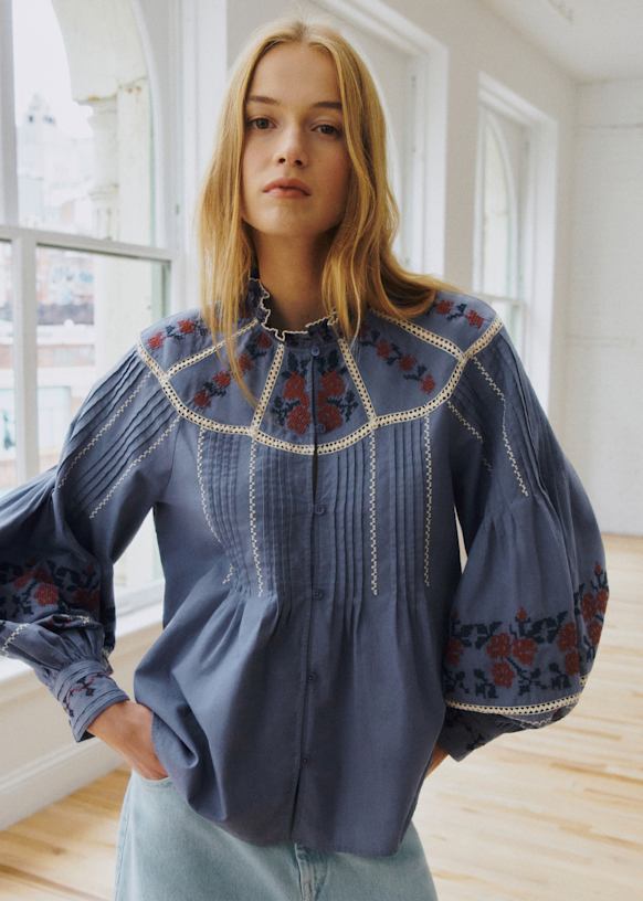 Eugenia ブラウス - Sézane x SEA NY - ネイビー地にレンガ色の