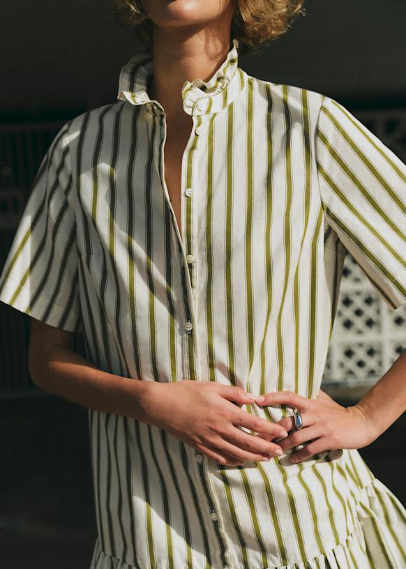 Clotildeドレス - エクリュ カーキ ストライプ - コットン - Sézane