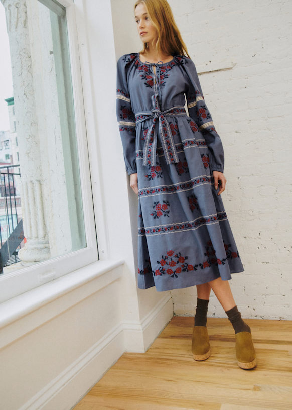Cindya Dress - Szane x SEA NY - Szane - Blue with Contrasting Brick Embroidery - 40 - Woman Cindya Dress - Szane x SEA NY - Szane - Blue with Contrasting Brick Embroidery - 40 - Woman