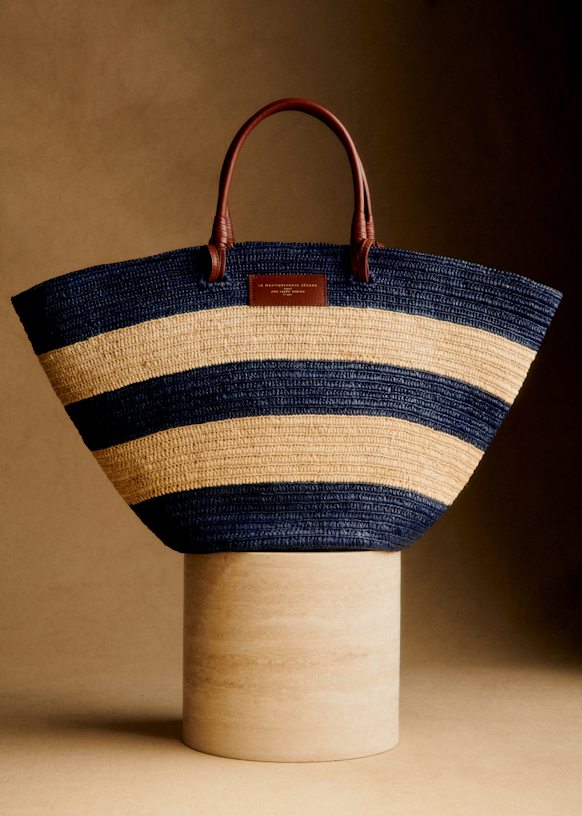 Justine Maxi Basket Bag - Raffia with Coral Stripes - Raffia