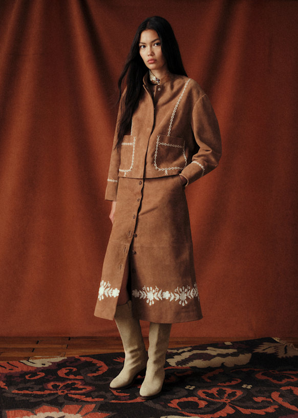 Clari Skirt - Sézane x Baziszt - Camel with Ecru Embroidery - Goat