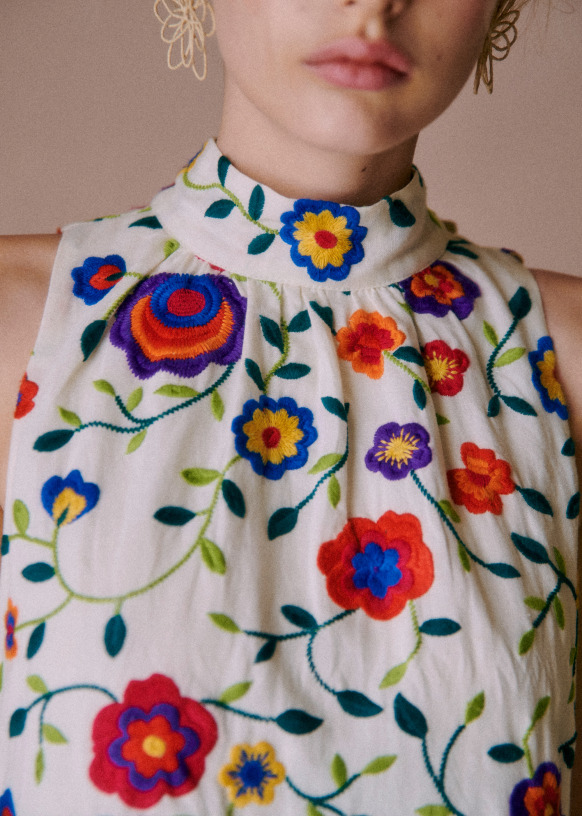Olympia Dress Multicolour Embroidered Flowers Cotton Sezane