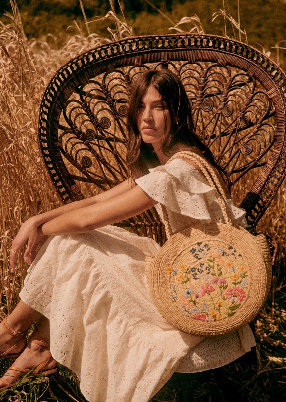 [SEZANE] フラワー刺繍 Juneバスケット June Basket - Raffia with Embroidered Flowers - Raffia - Sézane