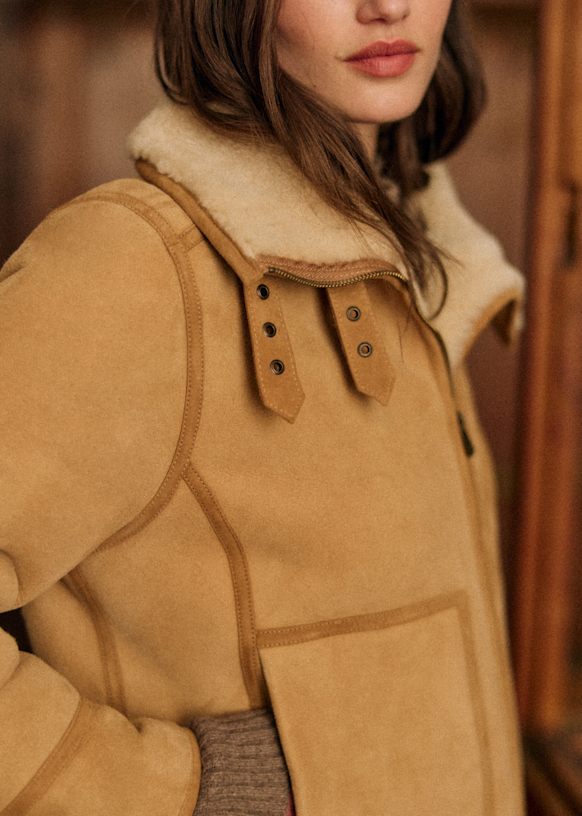 Calixte Coat - Dark beige / Ecru - Lamb leather - Sézane