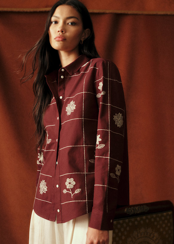 Tom Shirt - Sézane x Baziszt - Burgundy with Floral Embroidery