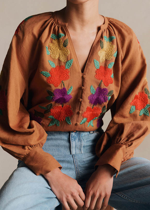 Roma Blouse - Chestnut with 70's Embroidery - Organic Cotton - Sézane