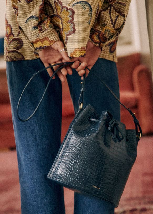 Farrow Bag Black crocodile print Vegetable tanned crocodile embossed smooth bovine leather Sezane