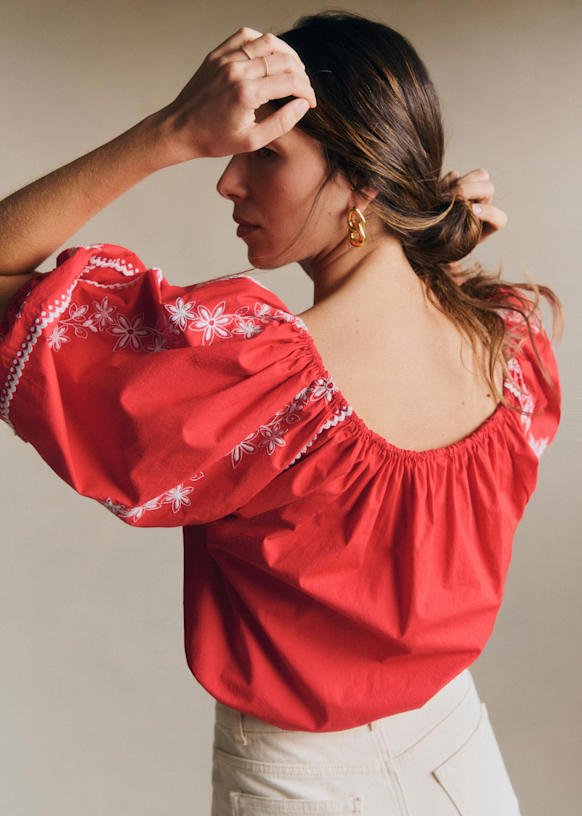 Camelia Shirt - Ecru Red Background - Organic Cotton - Sézane
