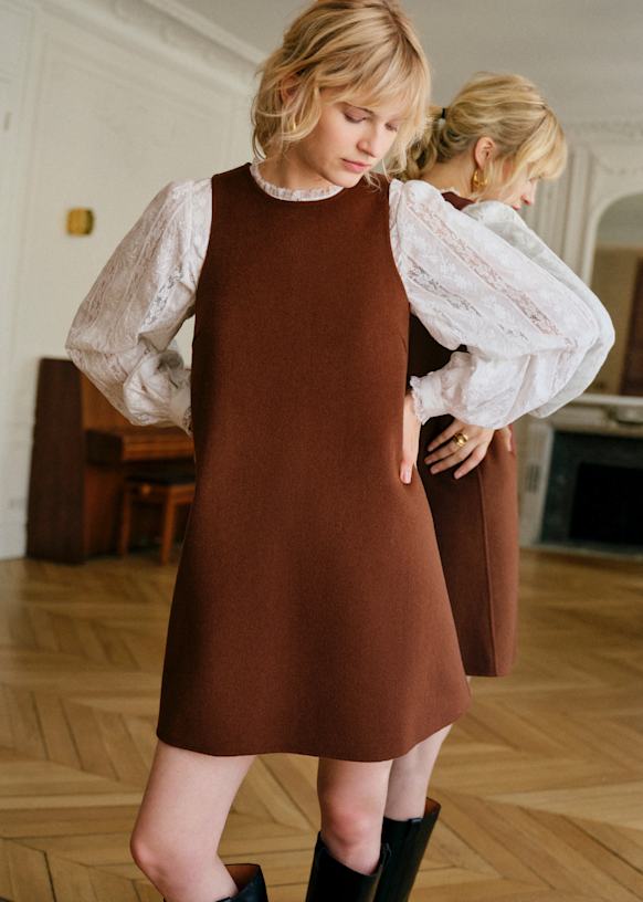 sezane brown dress Nicia - - Wool fitting cut;Lined;Length from shoulder