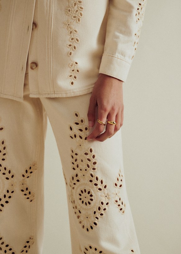 The Wide Leg パンツ - エクリュにアイビー刺繍 - オーガニック