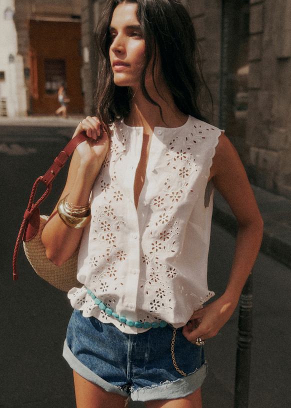 SÉZANE 半袖 ブラウス アイボリー 刺繍　36 Isea Shirt - Ecru with Contrasting Cream Embroidery - Organic