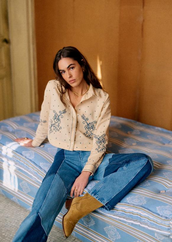 Maellie Shirt - Sézane x Lucia Vergara - Beige with Narcisco Blue